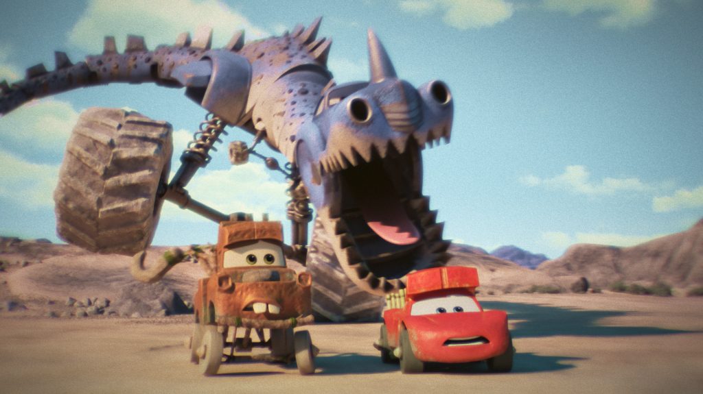 PREHISTORIC PURSUIT - Disney and Pixar’s all-new original series “Cars on the Road” follows best friends Lightning McQueen (voice of Owen Wilson) and Mater (voice of Larry the Cable Guy) on a cross-country road trip where every stop is its own adventure—including a pulse-pounding dino park visit. All nine episodes of "Cars on the Road" begin streaming on Disney+ Day, Sept. 8, only on Disney+. © 2022 Disney/Pixar. All Rights Reserved.