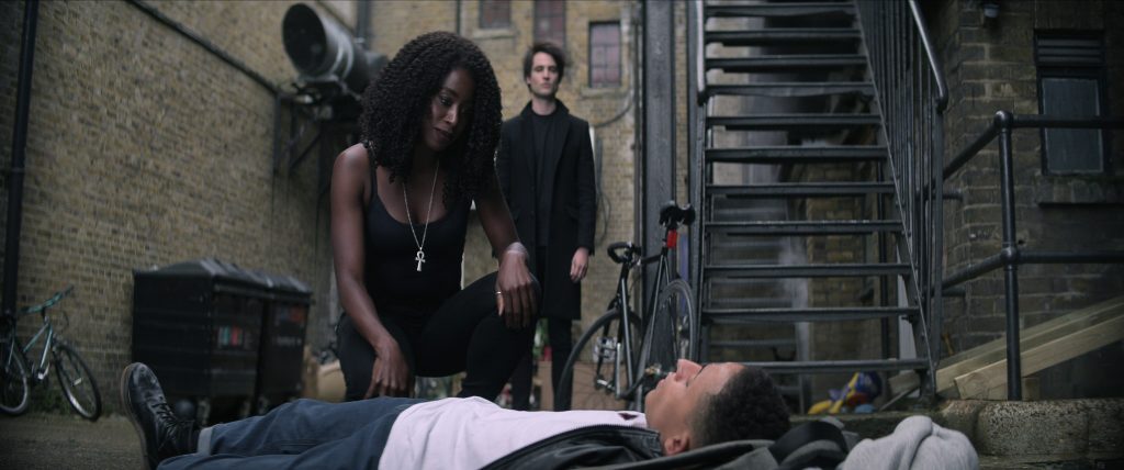 (L to R) Kirby Howell-Baptiste as Death, Tom Sturridge as Dream, John Leader as Freddie in episode 106 of The Sandman. Cr. Courtesy of Netflix © 2022