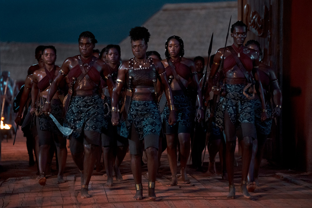 The Woman King. (First row L-R) Lashana Lynch, Viola Davis,Shelia Atim (Second row L-R ) Sisipho Mbopa , Lone Motsomi ,Chioma Umeala