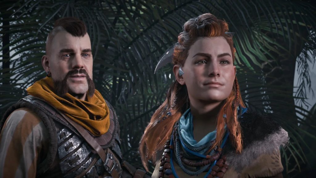 "Horizon Zero Dawn" screenshot depicting a smiling Aloy next to an almost-smiling Erend.